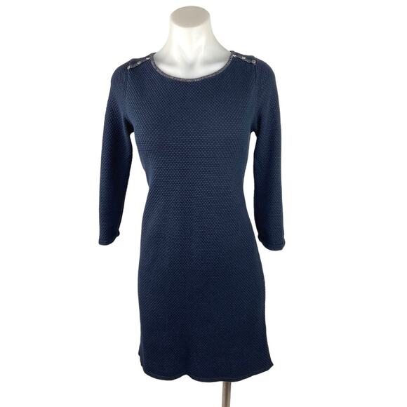 Promod Blue Waffle Knit Rib Trim Crewneck 3/4 Sleeve Career Office Shift Dress M - Picture 1 of 6